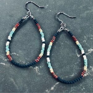 HAND CRAFTED EARRINGS Teardrop Hoop Picasso Seed Beads Blue Black Dangle NWT